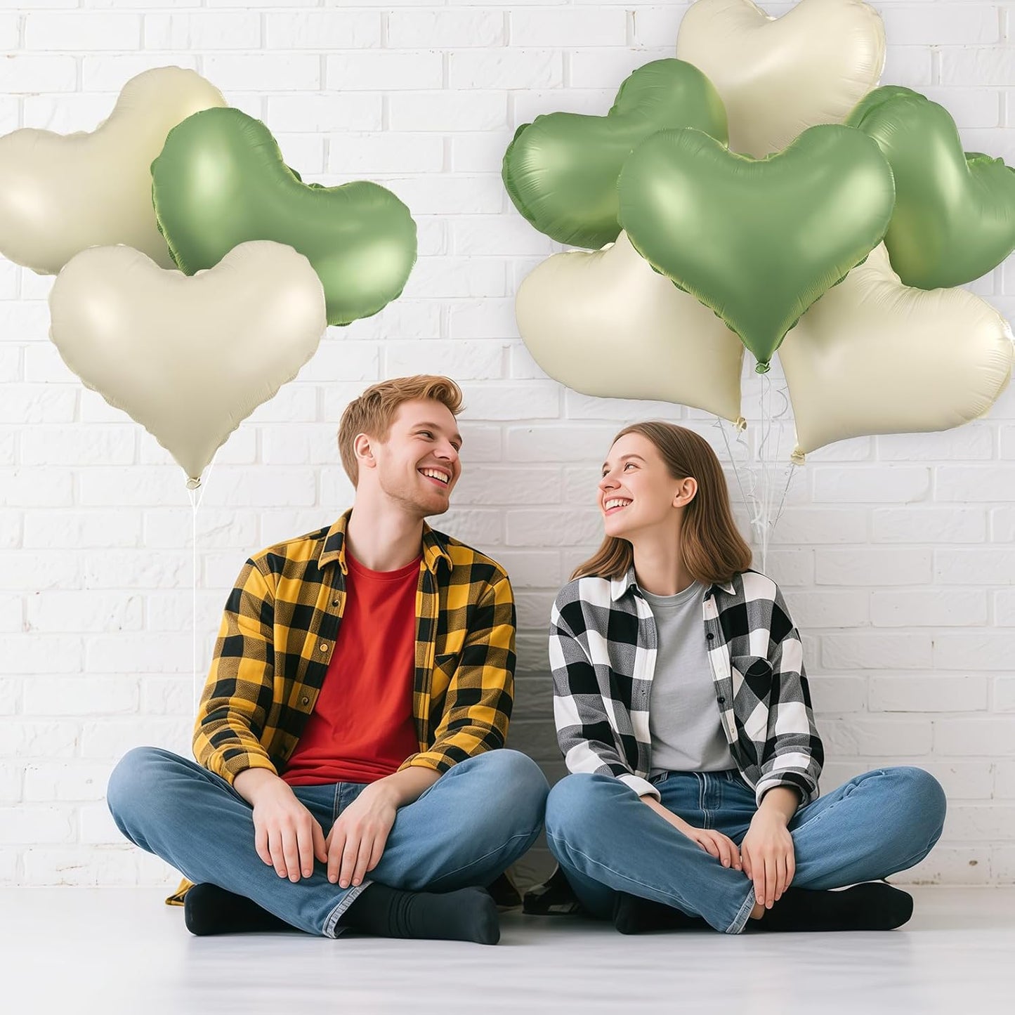 Green Cream White Heart Balloons,24Inch Heart Foil Balloons for Valentine's Day Birthday Wedding Baby Shower Anniversary Party Decorations