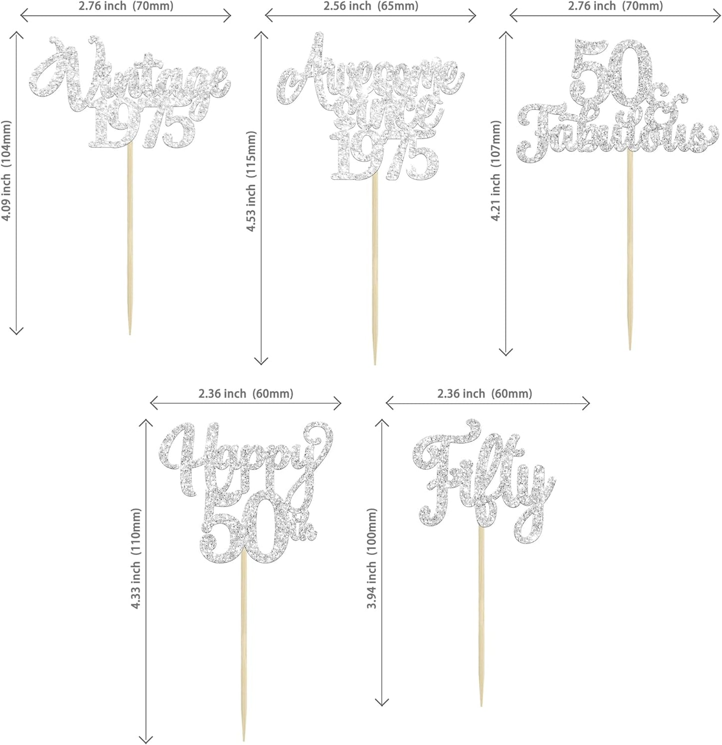 30Pcs Happy 50th Birthday Cupcake Toppers Glitter Fifty Vintage 1975 Cupcake Picks Cheers to 50 Fabulous Cake Decorations for 50th Birthday Wedding Anniversary Party Supplies Silver