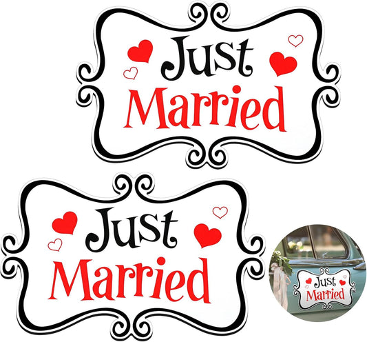 2 Pcs Large Just Married Car Decorations Just Married Car Magnets Sign Decoration 13.9 x 8.8 Inch Honeymoon Rear Tailgate Magnet Stickers for Wedding Door Panel Refrigerator(Black and Red)