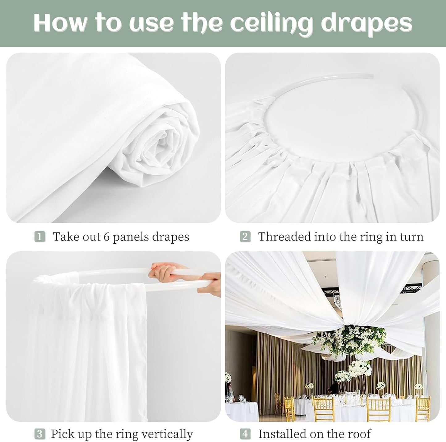 6 Panels White Wedding Ceiling Drapes 5ftx50ft Ceiling Drapes Chiffon Fabric Arch Draping Sheer Curtains Soft Drapery Draping Wedding Ceiling Decorations for Party Ceremony Stage Swag