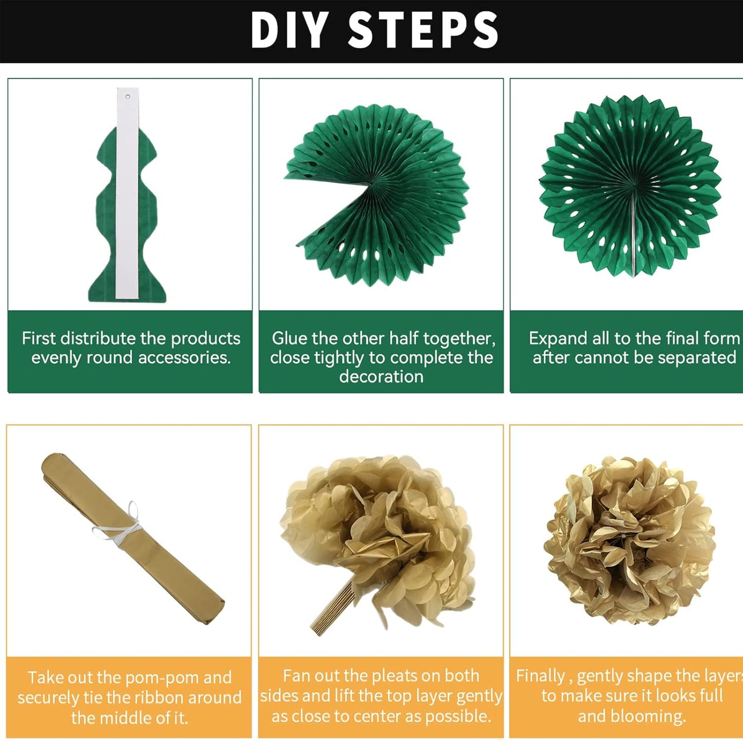 Green and Gold Party Decorations, 23Pcs Hanging Paper Fans, Pom Poms Flowers, Garland String Polka Dot and Triangle Bunting Flag Packs for Girl Birthday Bridal Shower Baby Showers