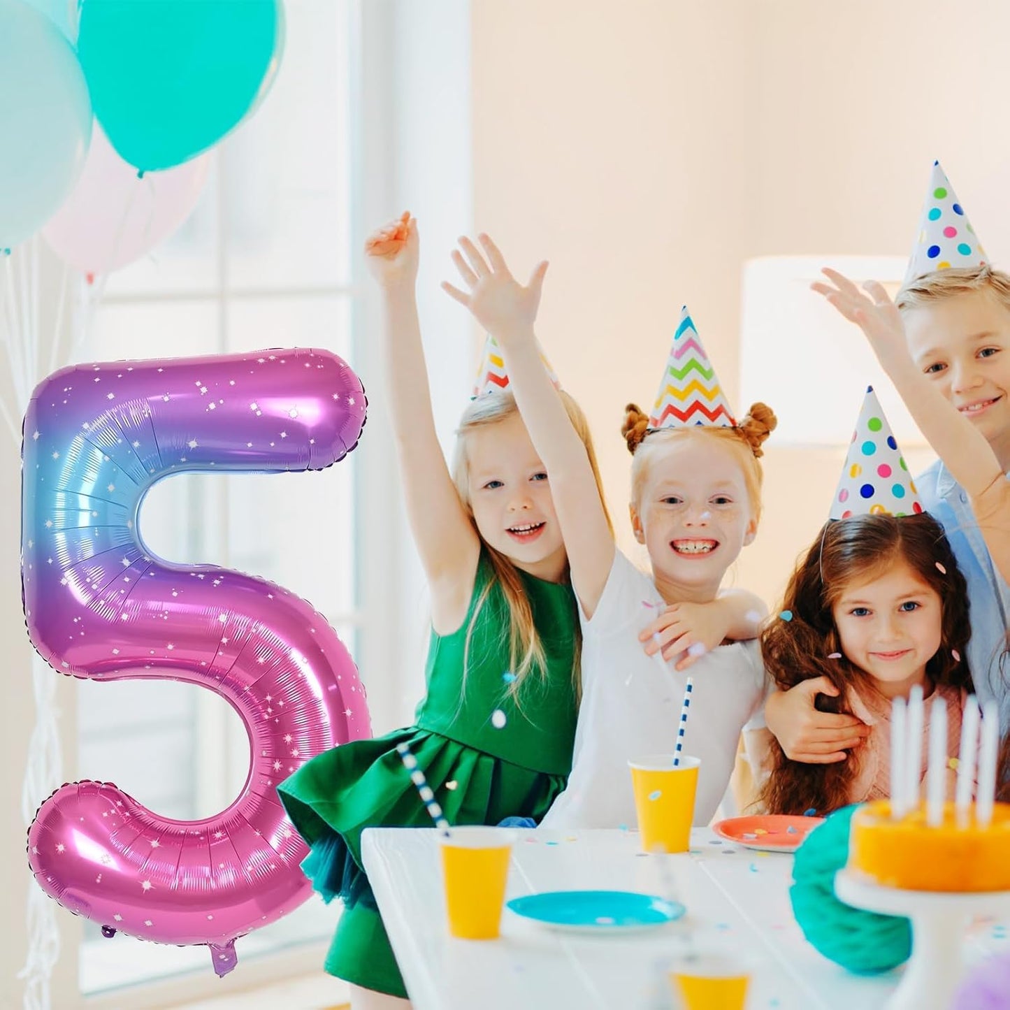 40'' Rainbow Number 7 Balloons, Giant Self Inflating Gradient Blue Pink Foil Number Balloons Set 0-9, Starry Digital 7 Helium Balloon for Girls 7th Birthday Party Decorations Anniversary Supplies