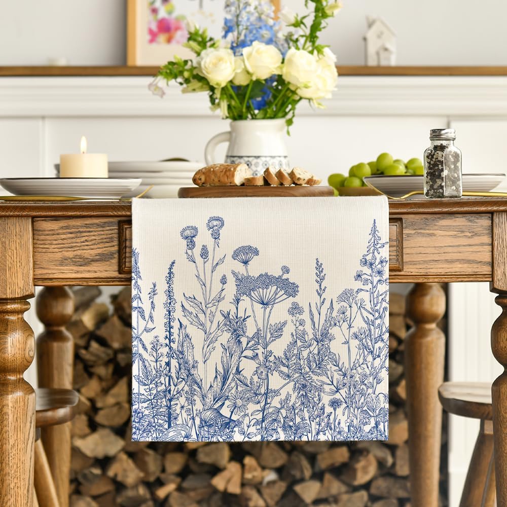 Artoid Mode Blue Antique Herbs and Wild Flowers Spring Table Runner, Seasonal Summer Kitchen Dining Table Decor for Home Party Decor 13x72 Inch