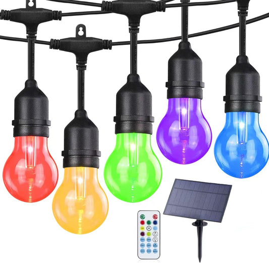 35FT Solar String Lights Outdoor, 11 Shatterproof LED Edison Bulbs, Dimmable RGB Color Changing Patio Lights with Remote. Waterproof for Garden Commercial Solar-Powered Decorative Lighting