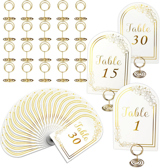 Wedding Table Numbers 1-30, 30 White Gold TableNumber Cards with 30 Gold Number Holders, 1 Set of 30 Table Numbers for Wedding Reception(Card and Holder)