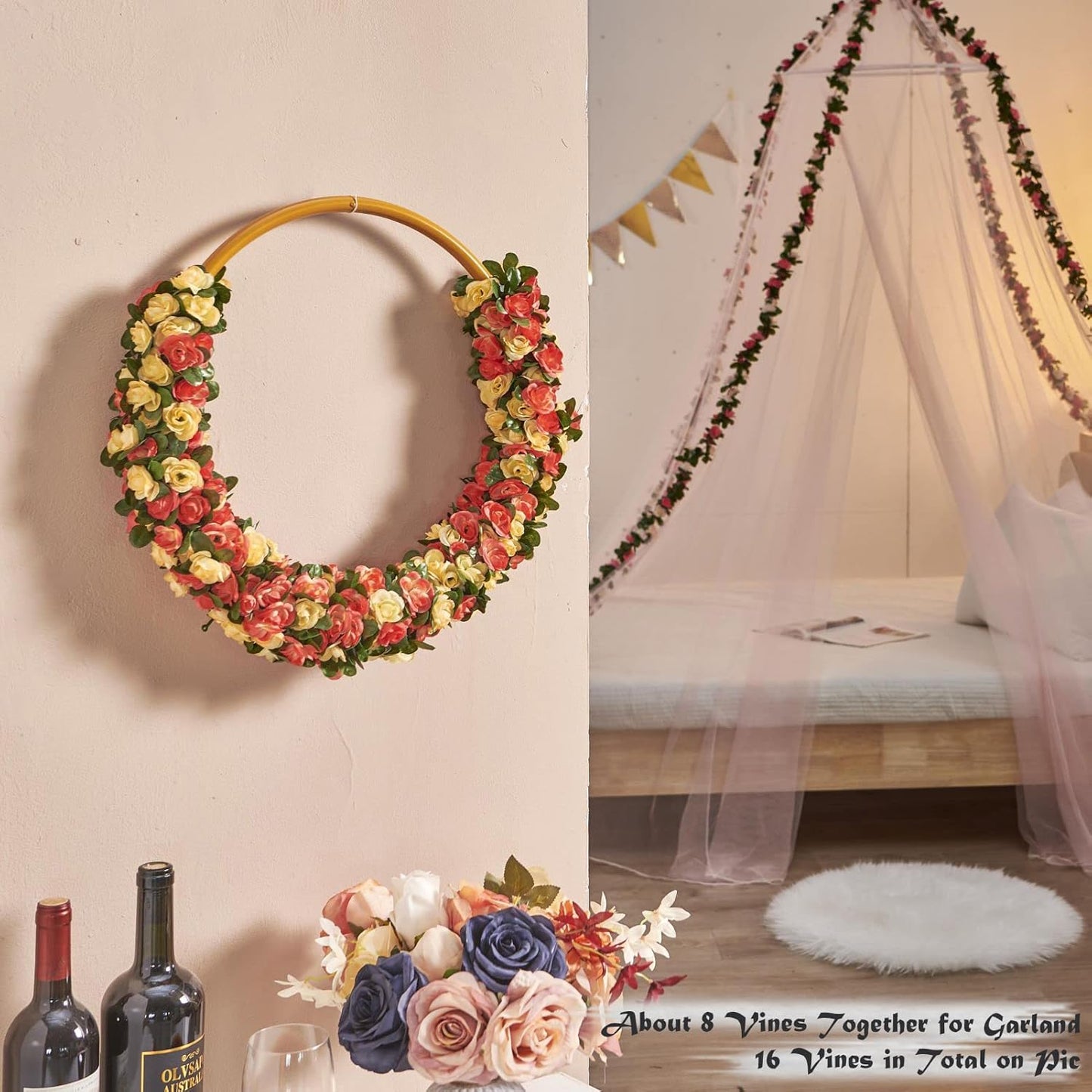 6 Pcs x 8.2 ft Flower Garland Artificial Rose Vine Flowers with Green Leaves Hanging Fake Roses Vine for Room Party Home Wedding Birthday Christmas Wall Arch Decor, Champagne Flower