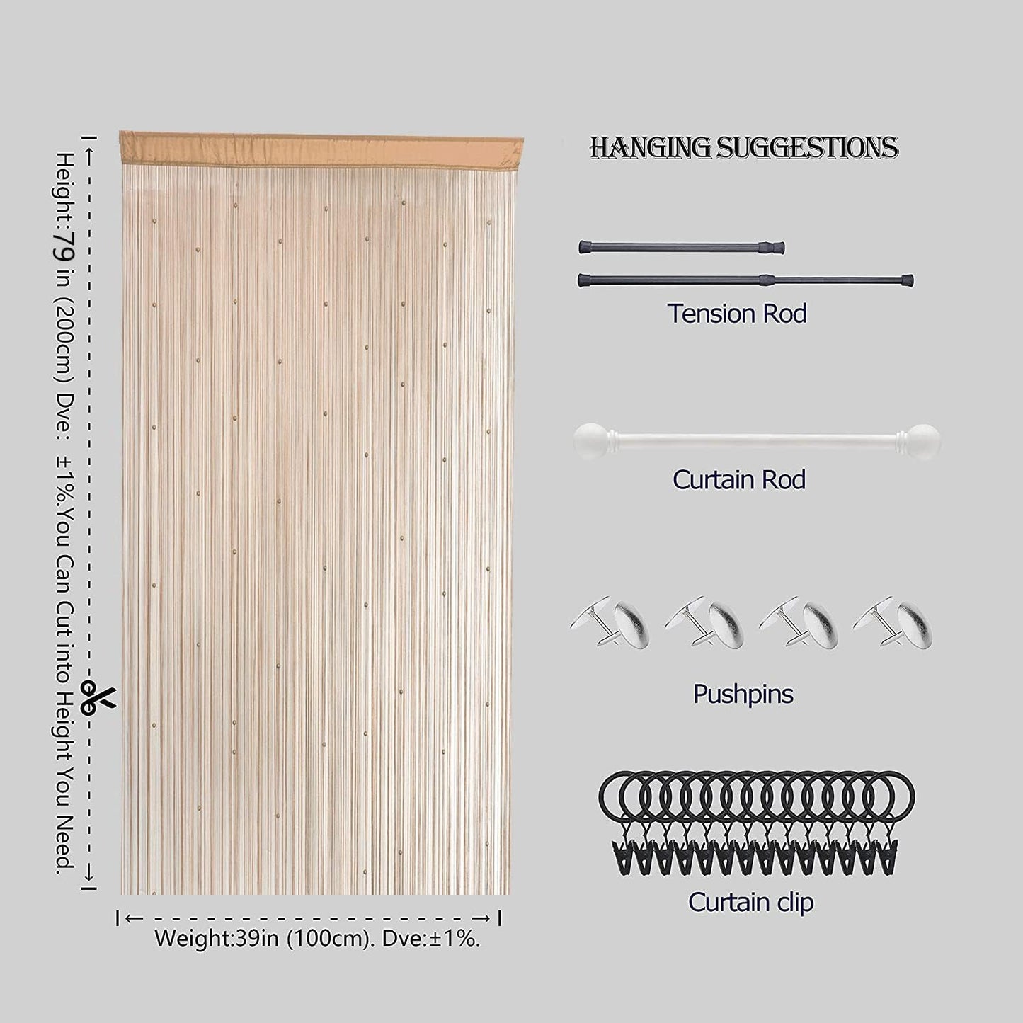 Beaded Curtain Beads Door String Curtains Ideal for Living Room Decor Wall Hanging Fringe Doorway Divider Bedroom Backdrop Hippie Window Closet Privacy Rod Pocket Dense (100x200cm,Beige)