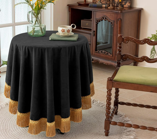 F-CHU Black Tablecloth Thickset Velvet Tablecloth with Beautiful Gold Tassels Vintage Table Cloth for Home Decor Wedding, Party, Banquet and Events 70" Round