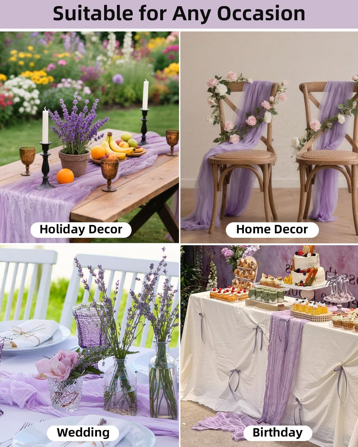 Lavender Purple Cheesecloth Table Runner 120 Inch, Lilac Boho Rustic Gauze 10 FT, Summer Cheese Cloth Runner for Wedding, Baby Shower, Party, Farmhouse Centerpiece Home Decorations