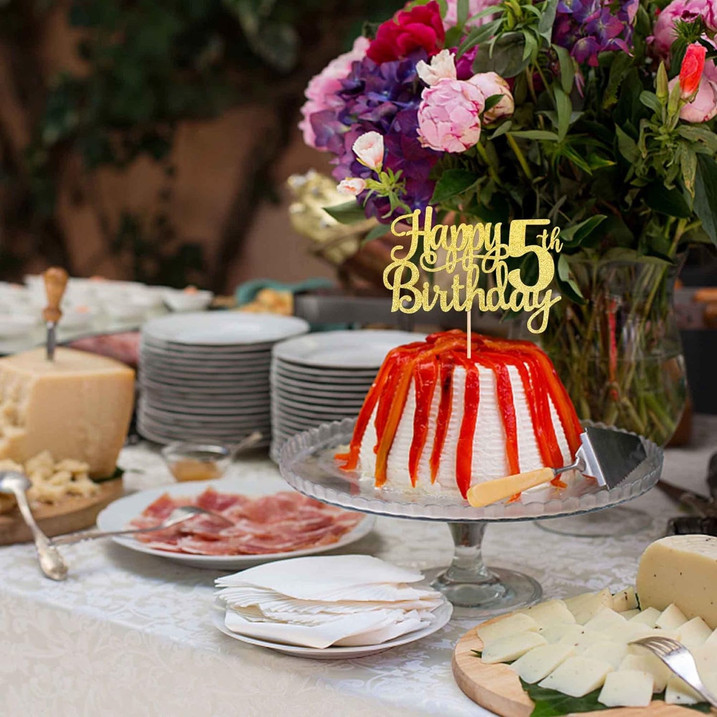 1 PCS Happy 5th Birthday Cake Topper - Gold Glitter Cheers to 5 Years - Fabulous Cake Decoration for 5th Birthday Theme Party