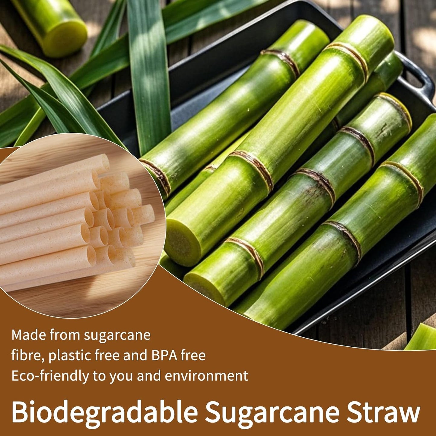 200 Pcs Sugarcane Straws Disposable, 8 In Drinking Agave Long Edible Compostable Biodegradable Cocktail Straws, Natural Brown Juice Coffee Tea Bulk Straw, Sturdy Straw for Drinks Home Restaurant