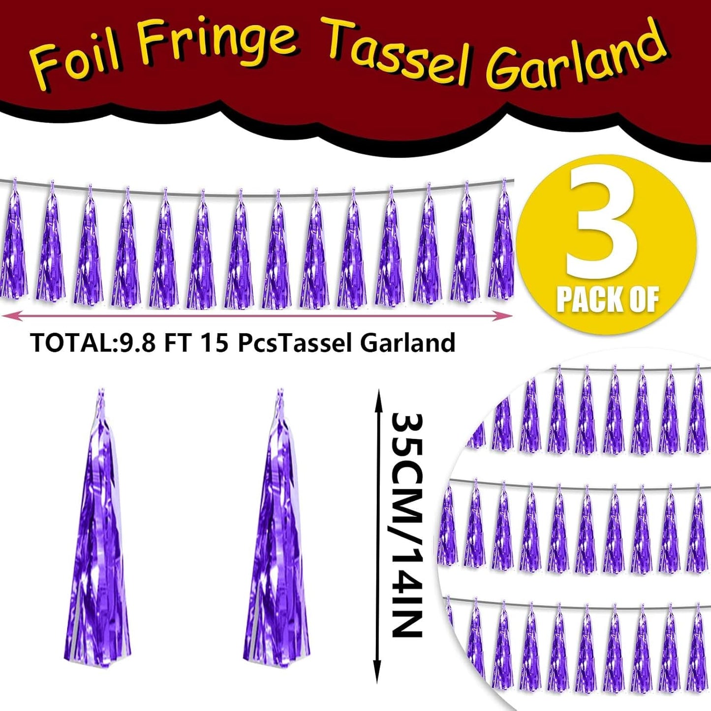 3P Metallic Fringe Tassel Banner Garland Foil Tinsel Streamer Wall Hanging Curtain Backdrop Banner for Parade Floats,Graduation Decorations, Father's Day Party Decoration(Purple)