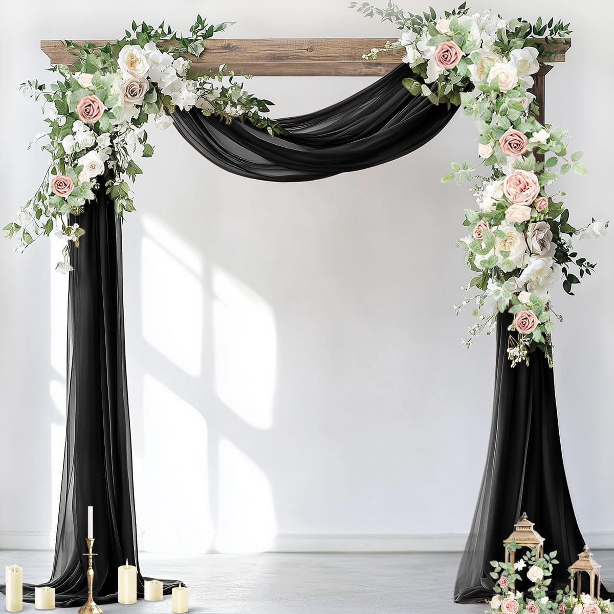Socomi Wedding Arch Draping Fabric 1 Panel 29" x 18Ft Black Sheer Curtain Drapes 6 Yards for Wedding Ceremony Birthday Party Decoration