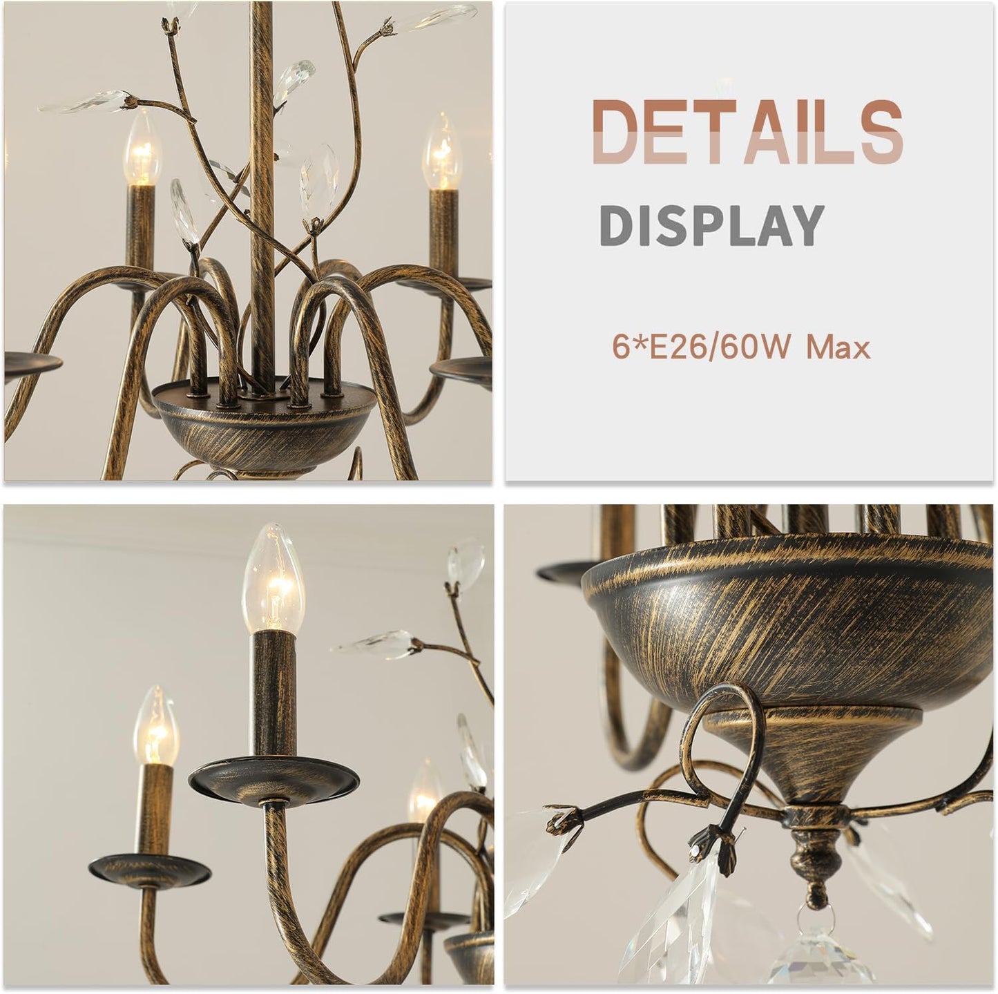 Farmhouse Crystal Chandelier,26 Inch Modern Flower Branch Oil-Rubbed Bronze Rustic Vintage Hanging Pendant Ceiling Light Fixture for Living Room Dining Room Bedroom Foyer Entryway