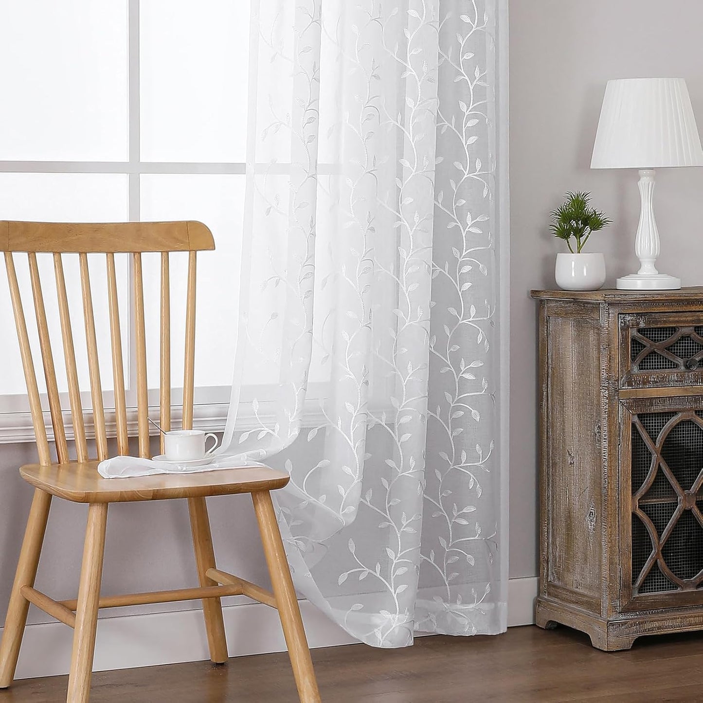 VISIONTEX White Sheer Voile Curtains, Decorative Beige Leaves Embroidery Faux Linen Rod Pocket Window Drapes for Home Kitchen, Living Room and Bedroom 54 x 63 Inch, Set of 2 Curtain Panels