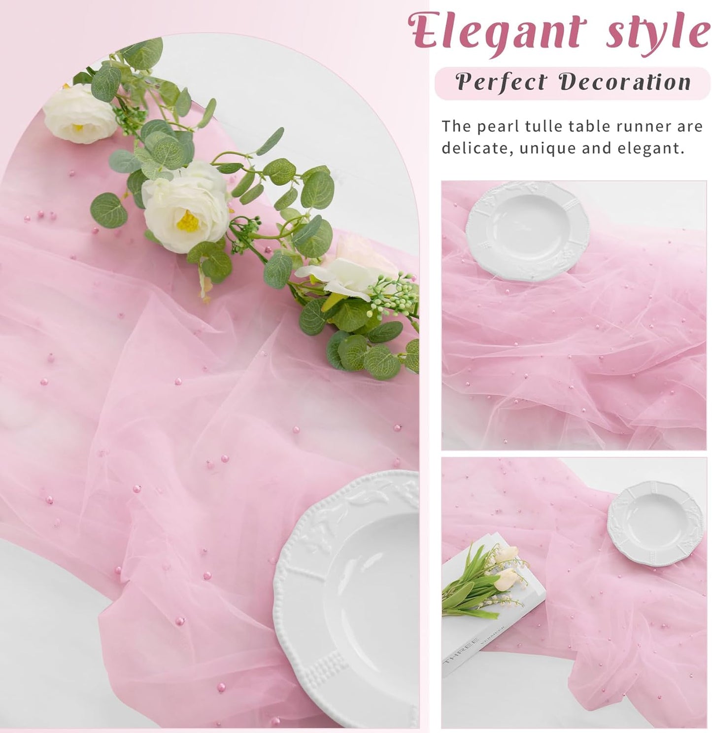 Pearl Table Runner 29 x 120 Inch Tulle Fabric Lace Table Runners Boho Rustic Tablecloth for Bridal Shower Birthday Party Wedding Arch Aisle Veil Dessert Table Decor(1 Pack, Pink)