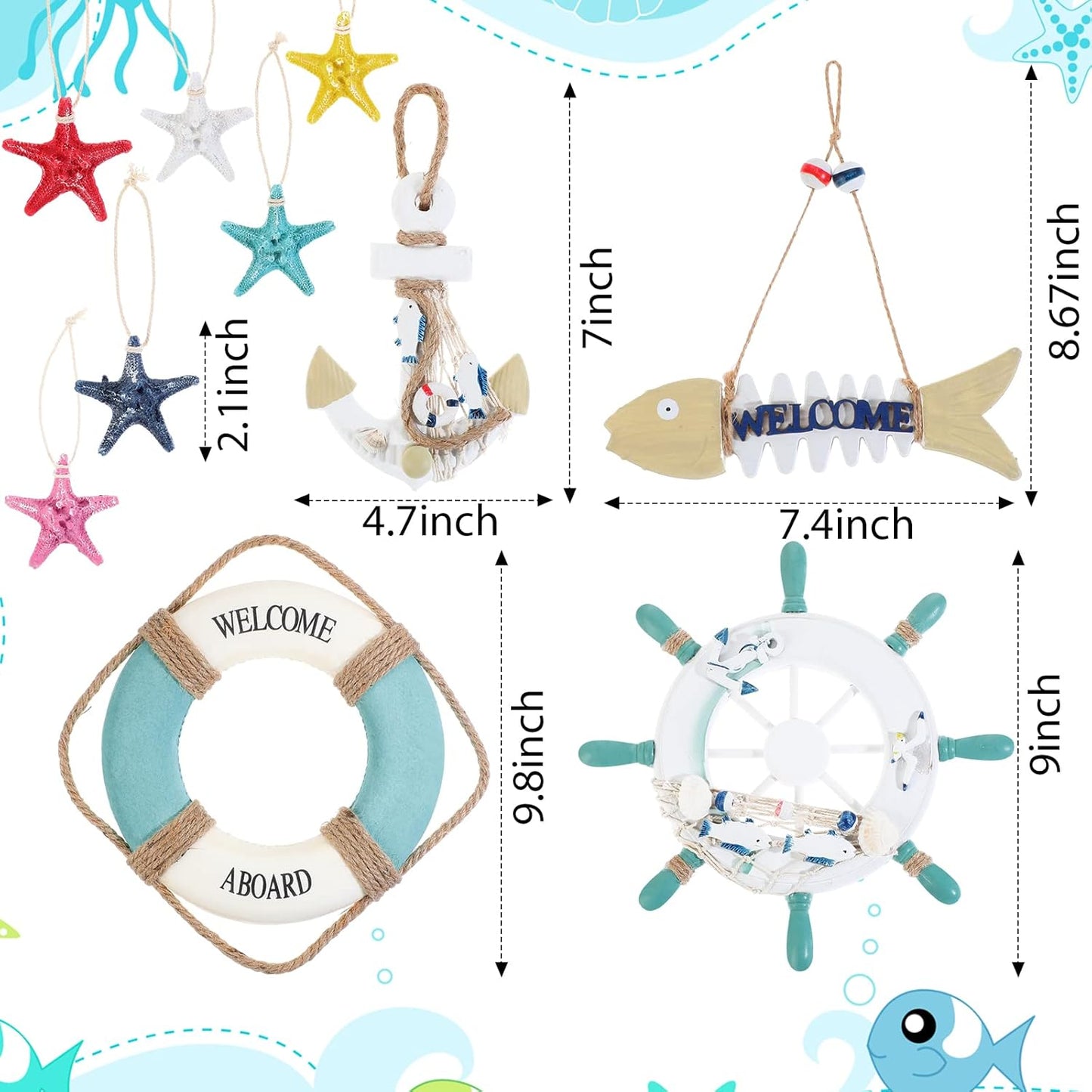 11 Pcs Wooden Nautical Wall Decor Fishing Net Decorations, Include Decorative Fishing Net, Ship Wheel, Fish Skeleton, Life Ring, Anchor, Starfish Beach Decor for Mediterranean Party (Wood Color)