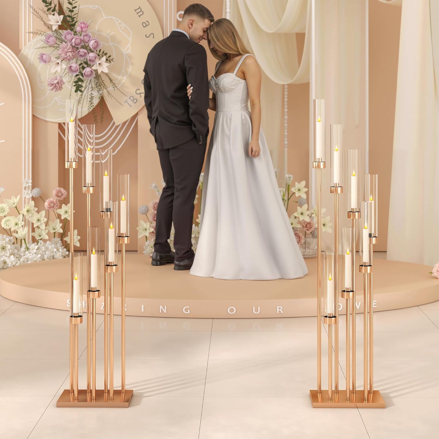 46.5'' Floor Candelabra 7 Arms Floor Candle Holders for Wedding Gold Candle Sticks Holder Decor Metal Candlestick Set with Acrylic Lampshades for Home Party (7 arm Square 46.5in)