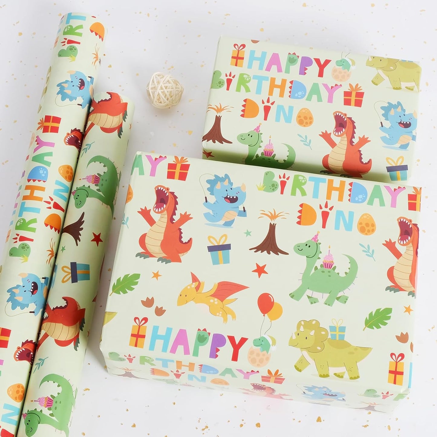 Aimyoo Dinosaur Birthday Wrapping Paper Roll - 17 Inch X 32.8 Feet - Green Happy Birthday Dino Pattern Gift Wrap Paper for Boys Party, Baby Shower, Holiday
