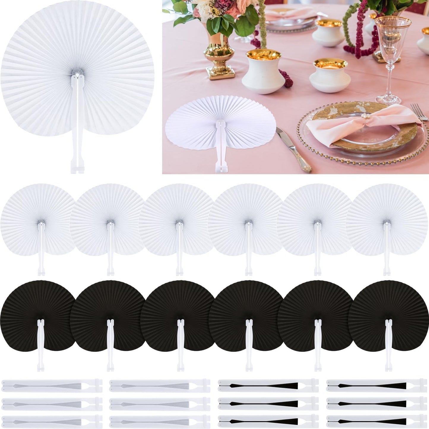 Pangda 24 Pack Folding Fans Round Paper Fans Assortment with Plastic Handle for Wedding Favor Party Bag Filler(Black, White)