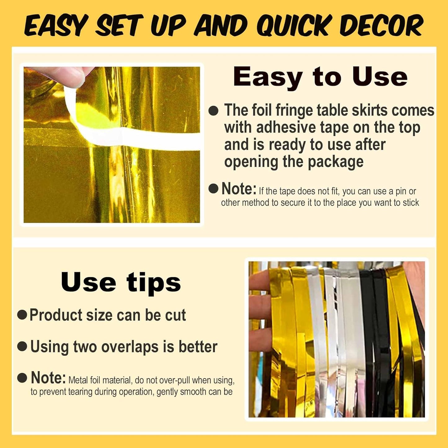 3 Pack Black Gold Silver Foil Fringe Table Skirts Metallic Tinsel Streamers Garland Banner Backdrop for Table Decor, Parade Float, Birthday, Wedding, Halloween, Christmas Party Decorations(29x108 In)