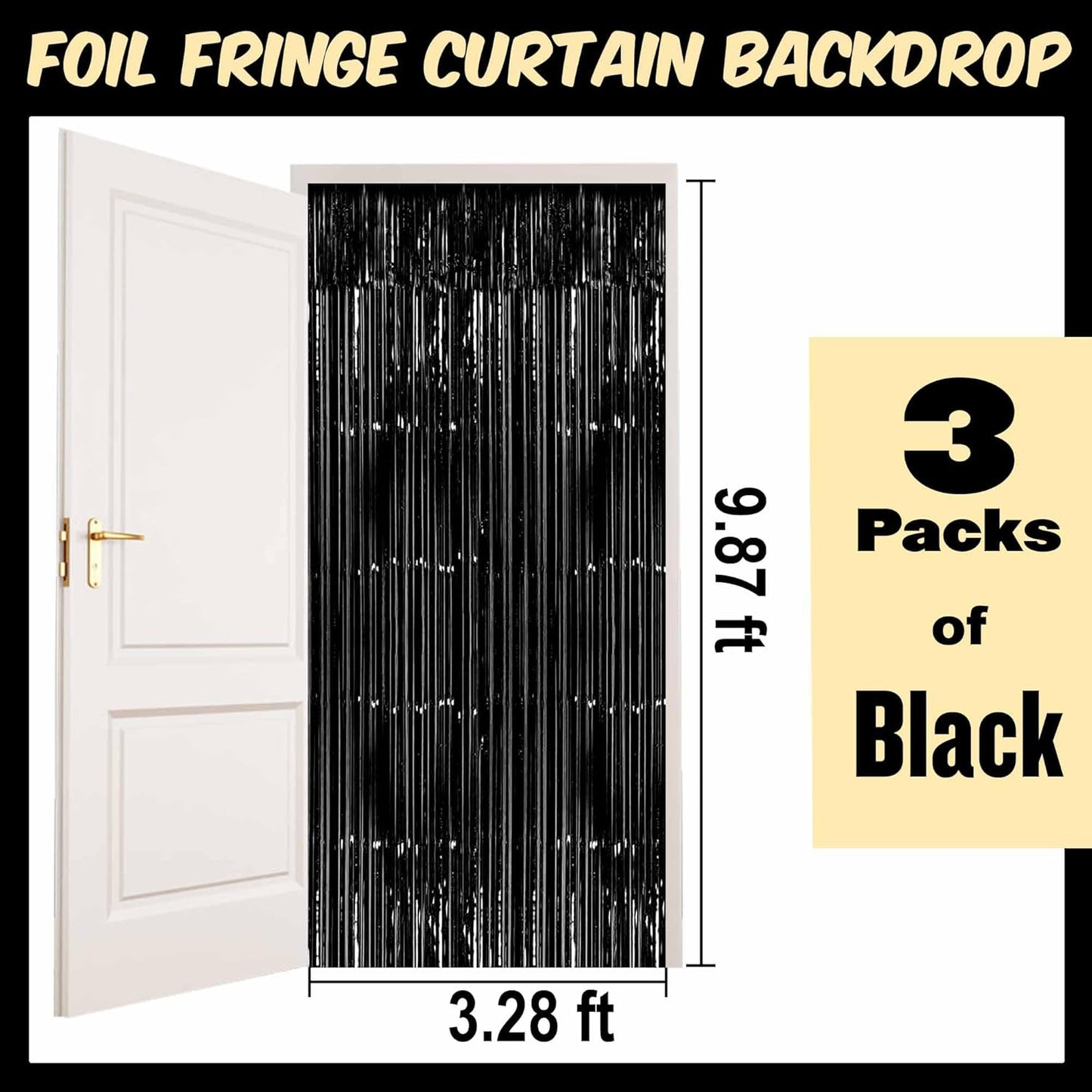 3 Pack Black Foil Fringe Curtains Backdrop, 3.28 x 9.8 Ft Metallic Streamers Tinsel Curtains Background for Photo Booth, Birthday, Halloween, Christmas, Thanksgiving, New Year Party Decorations