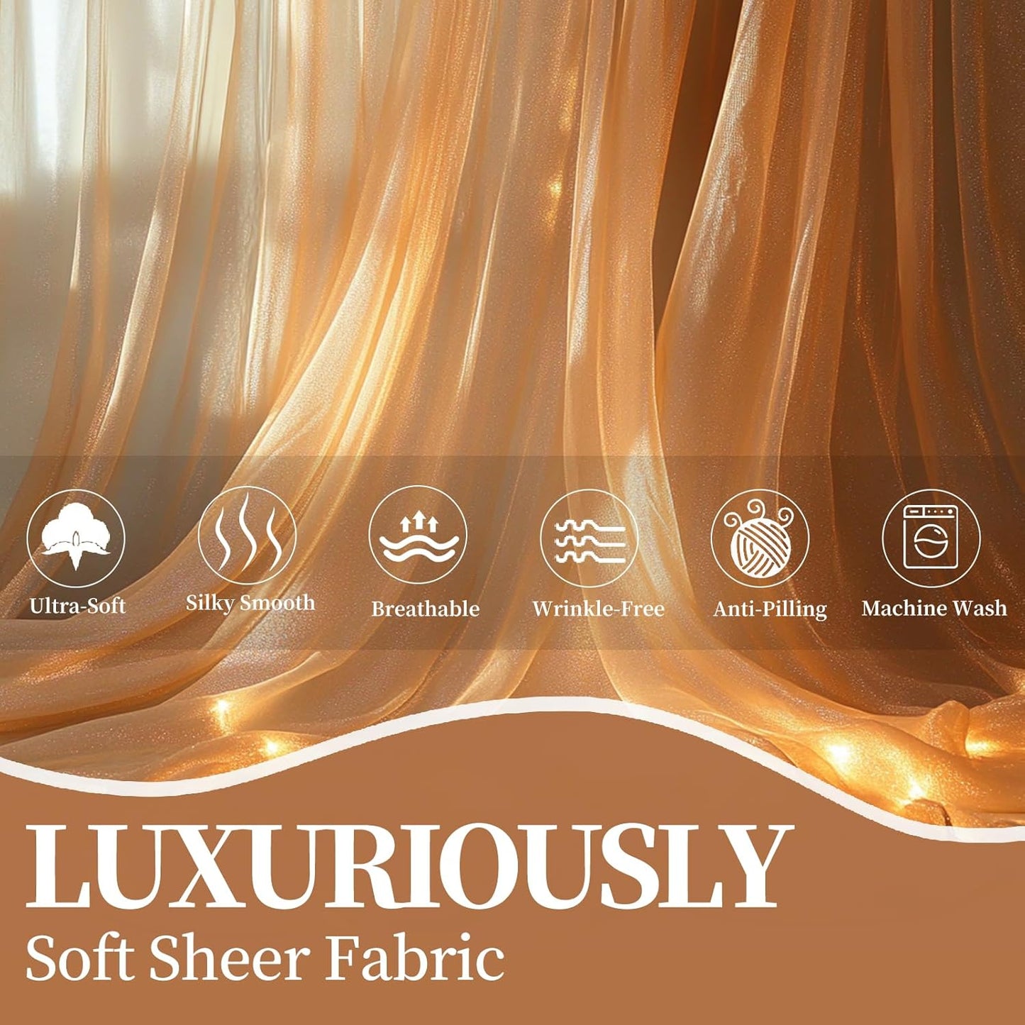 10x10ft Champagne Tulle Backdrop Curtain with String Lights, Wrinkle-Free Sheer Wedding Backdrop for Birthday Parties, Baby Shower, Bridal Shower, Photo Shoots and Home Decorations, Champagne