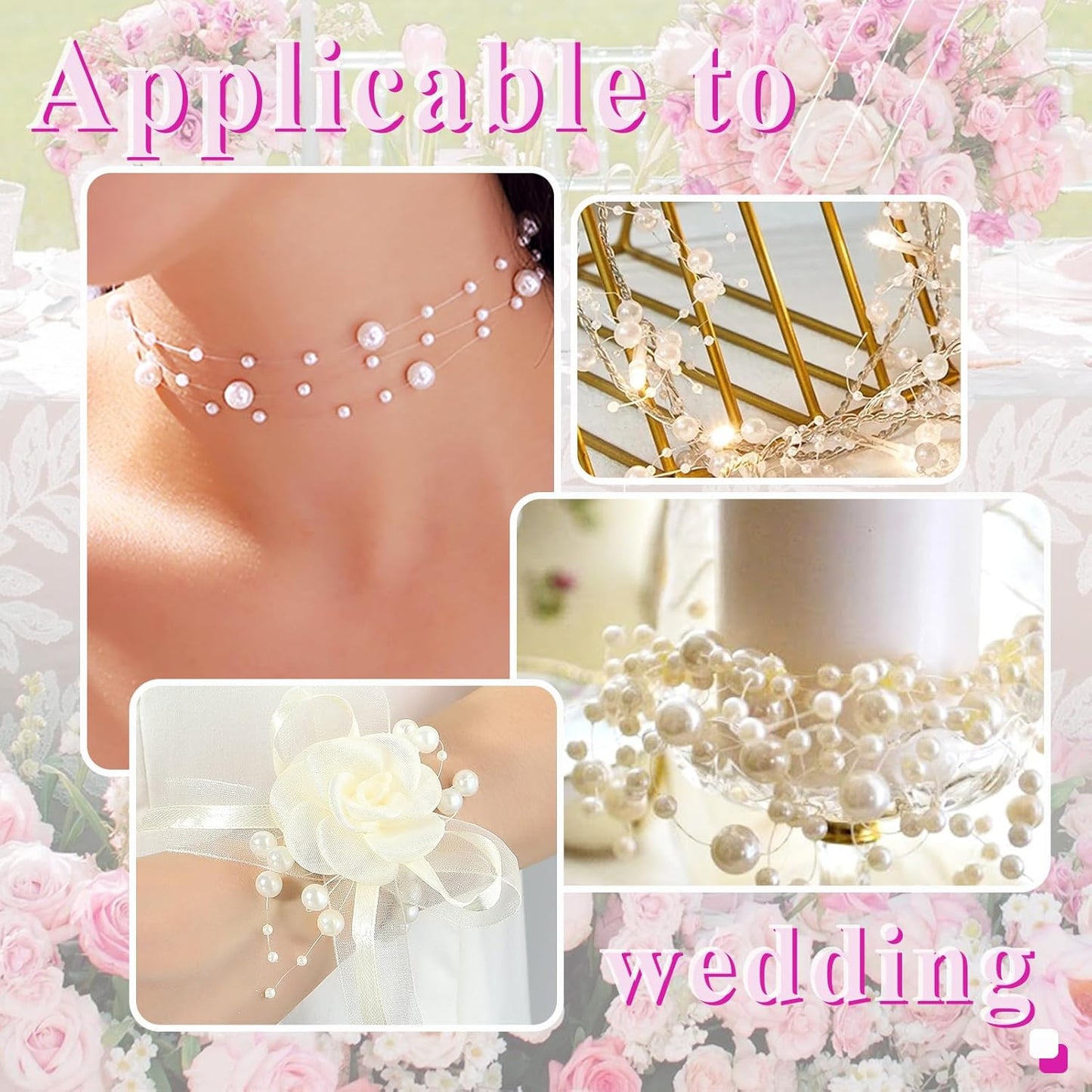 99 Feet Fishing Line Artifical Pearl Strings for Crafting, Faux Pearl Garland Strands for Floating Candle Vases Filler Wedding Centerpiece Bouquet Christmas Tree Party Decoration, Ivory