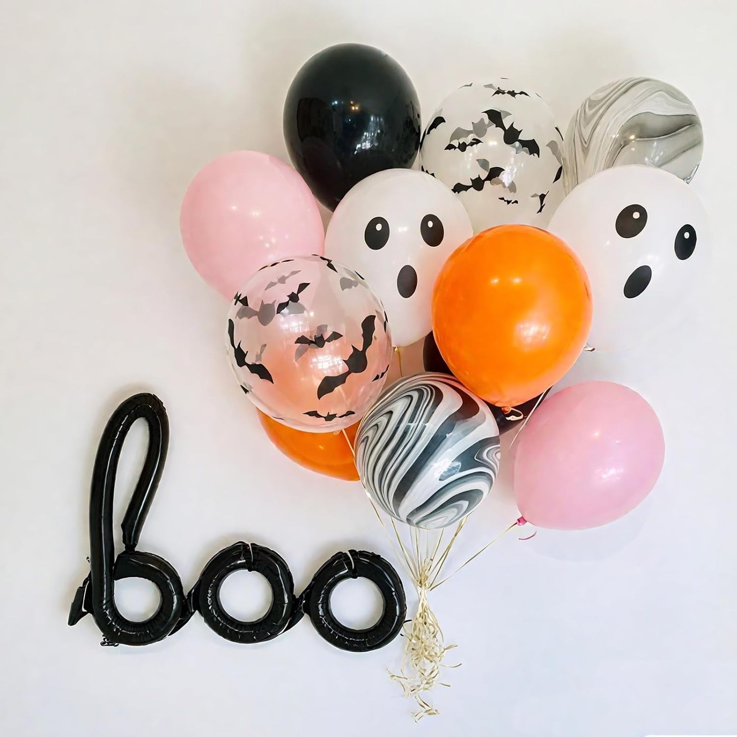 Pink Black Halloween Balloons Set, 50 Pcs White Spider Print Balloons, 12 Inch Pastel Pink Black and Orange Balloon Bat Confetti Balloon for Halloween Girls Night Decorations