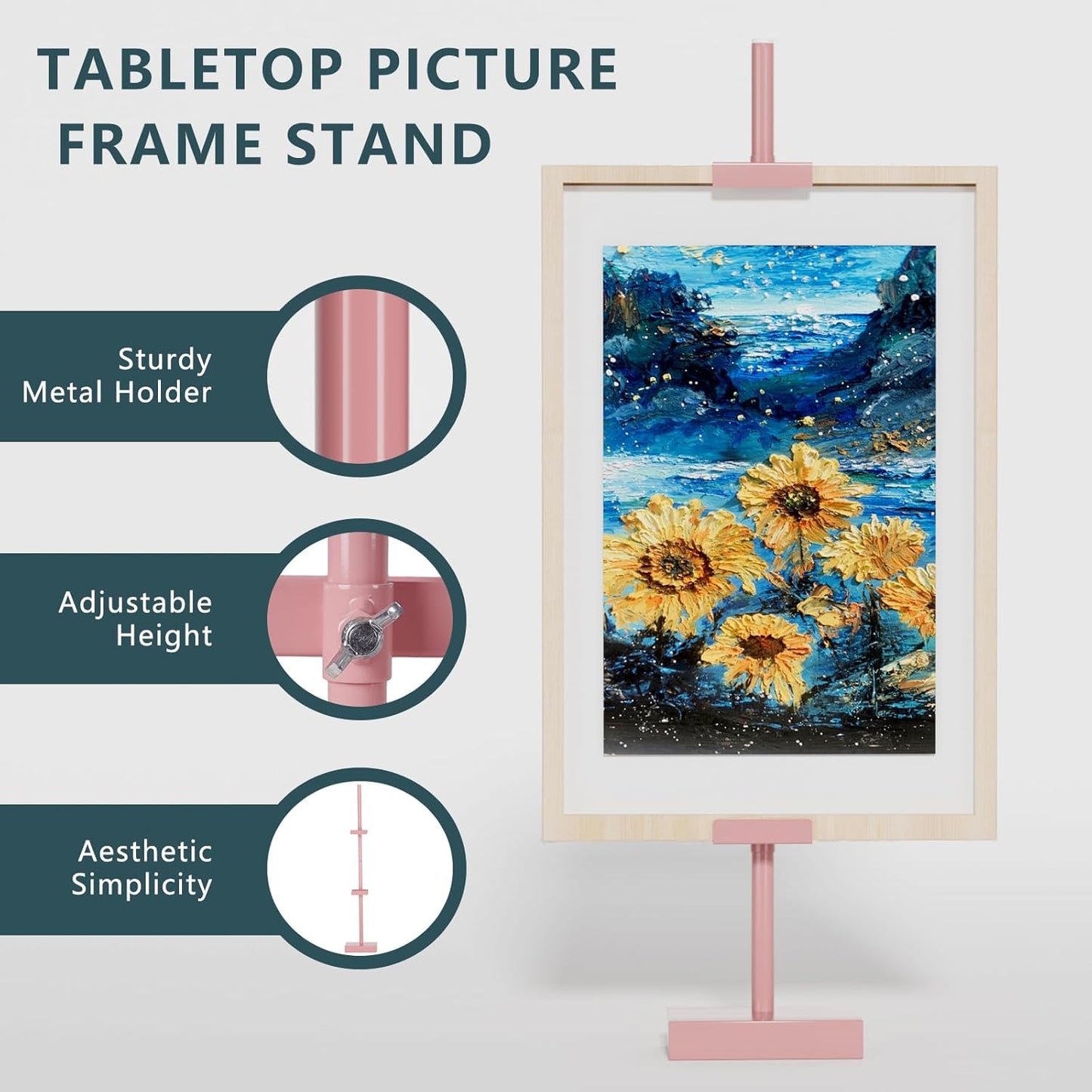 Tabletop Picture Frame Stand, Adjustable for Frames Up to 29" H, Frame Holder Stand Table Easels for Display, Metal Standing Easel Display Stand for Picture Frames, Artwork, Canvas (Pink)