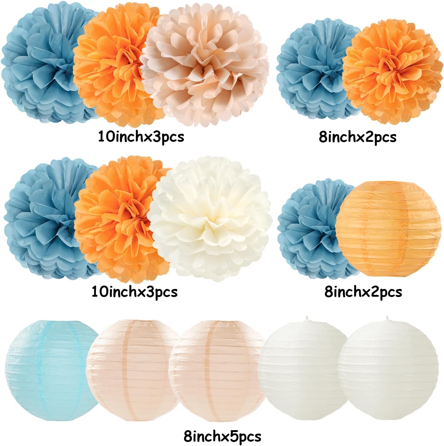 Dusty-Blue Orange Party-Decorations Paper-Flowers Lanterns - 15pc Boho Fall Peach Beige Tissue Pom Poms Streamers,Birthday Bachelorette Bridal Baby Shower Engagement Wedding Graduations Decor Panduola