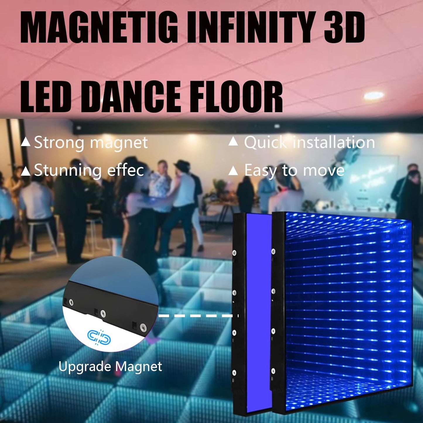 Dance Floor Stage Lights Tempered Glass Infinity Mirror Panel 3D Effect Led Dance Floor for Wedding Party Customizable (3D+RGB-Magnetic, 36PCS(9.8FTX9.8FT))