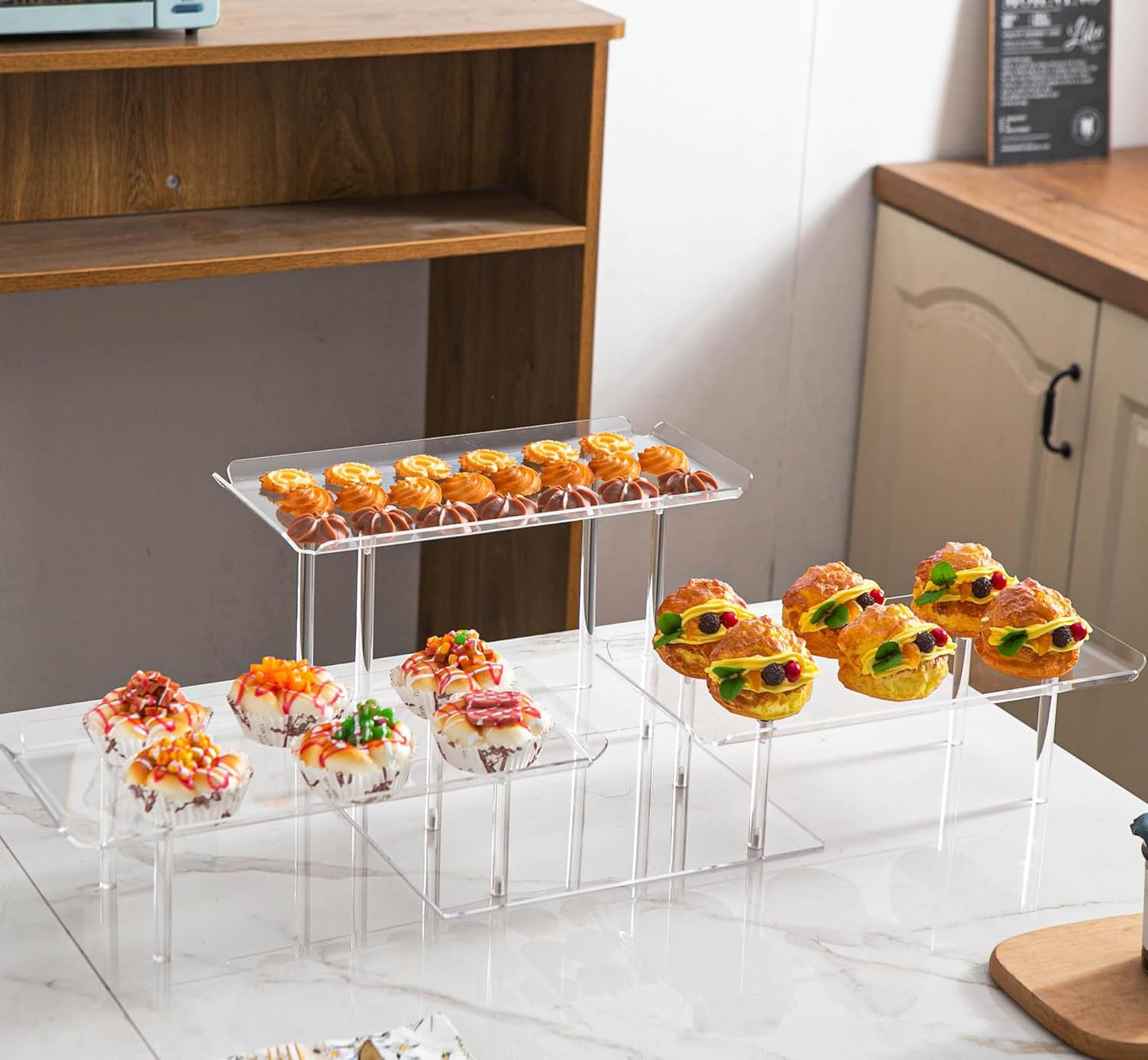 Acrylic Dessert Table Display Set, Clear Cupcake Stand, 3 Tiered Serving Trays and Platters, Buffet Riser and Stand Appetizer Sandwiches Cookie Display Stand Finger Food Display Trays for Party Bases Para Postres