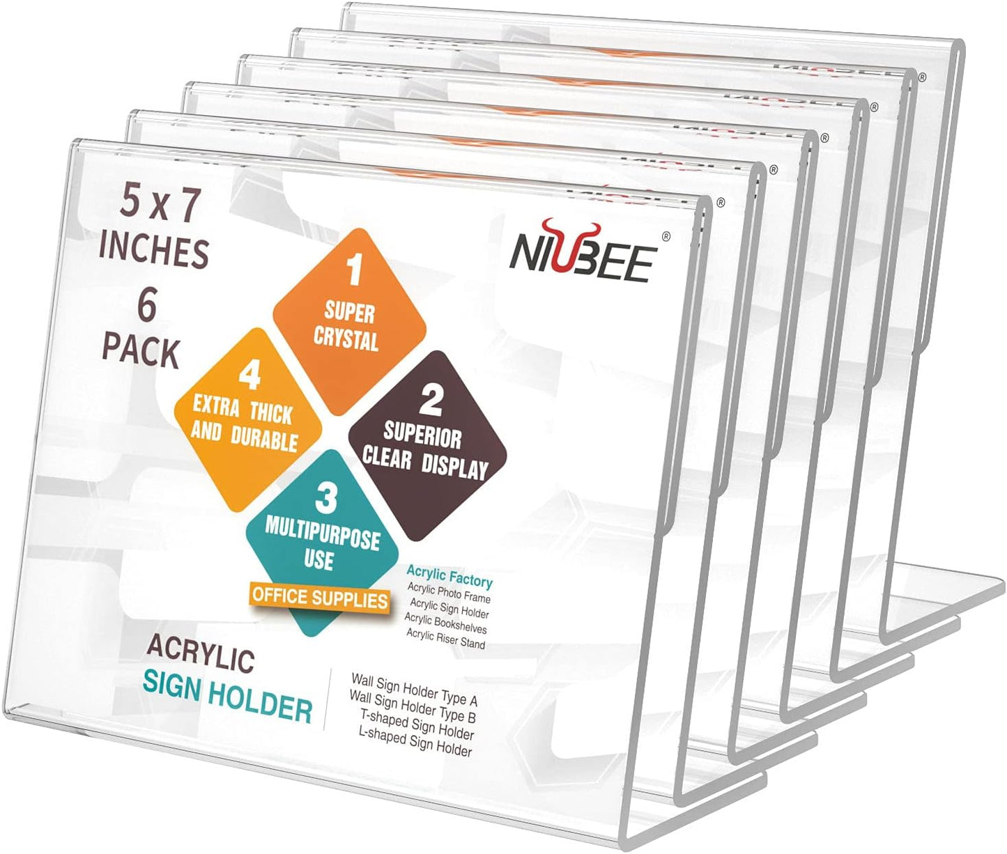 NIUBEE Slanted Back Acrylic Sign Holder 7 x 5 Inches, Clear Plastic Sign Holder Paper Display Table Stand for Office, Store, Restaurant -Horizontal (6 Pack)