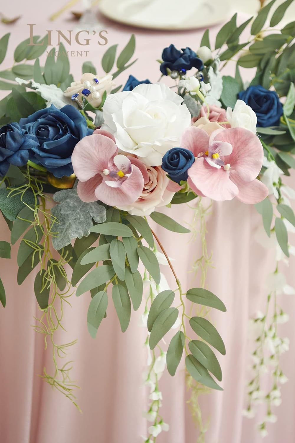 Ling's Moment 9FT Eucalyptus and Willow Leaf Garland with White Flower, Handcrafted Wedding Sweetheart Table Centerpieces Head Table Decor Arch Backdrop Decorations for Wedding | Dusty Rose & Navy