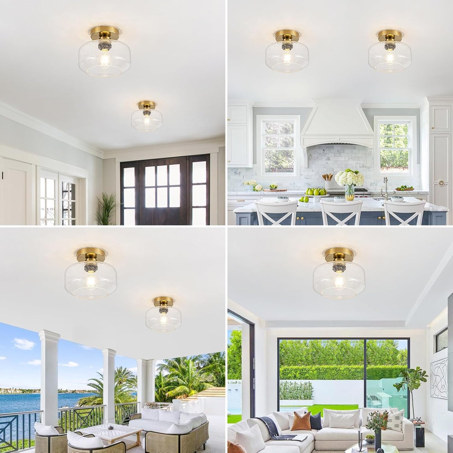 Simple & Elegant Semi Flush Mount Ceiling Light - Gold and Brass Fixture w/ 900LM LED Bulb for Kitchen, Bathroom, Hallway Lighting | Vintage Seeded Glass | Easy Install