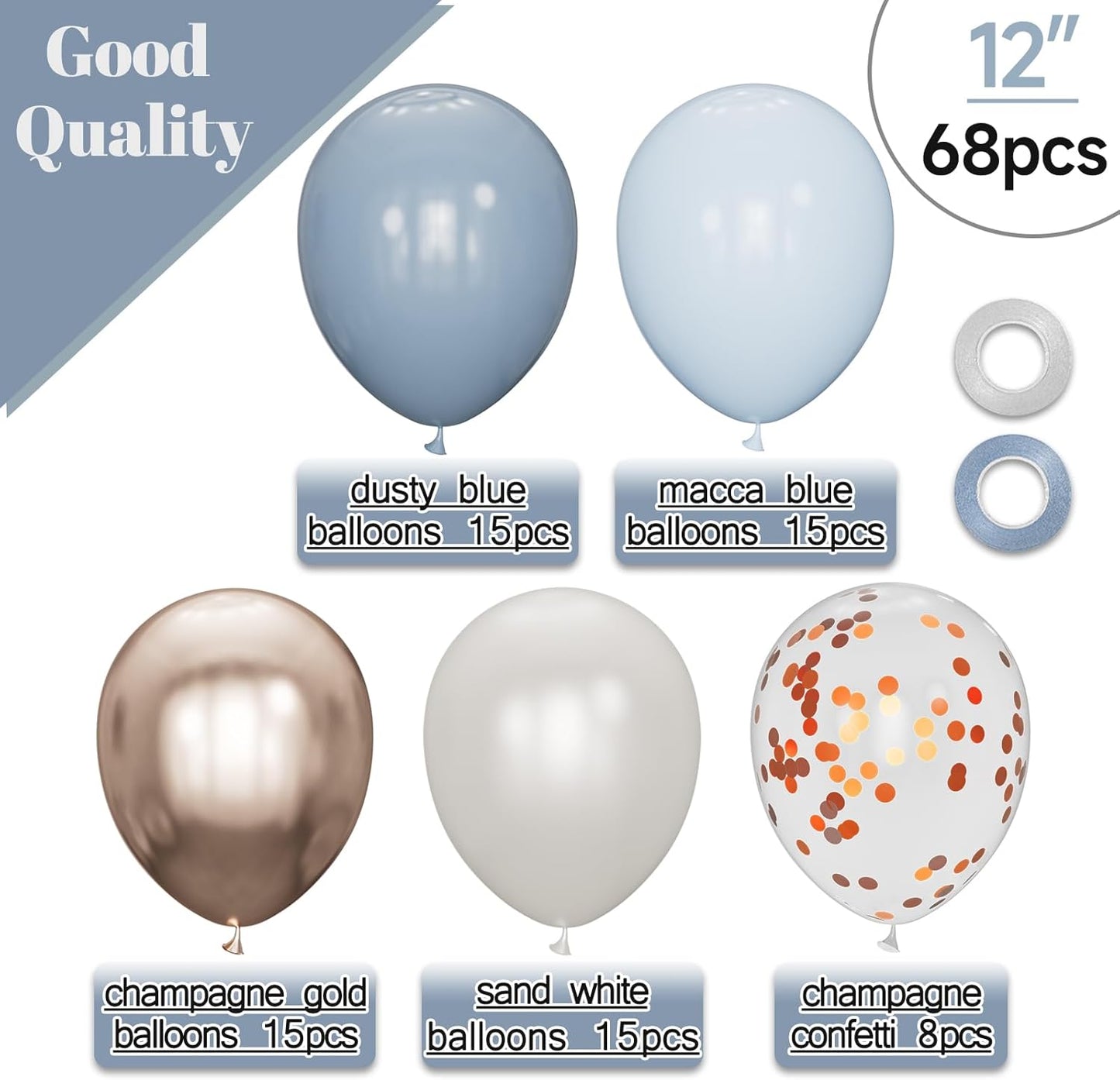 68Pcs Dusty Blue and Champagne Gold Balloons 12 Inch Sand White Pastel Baby Blue Confetti Balloon for Boy Baby Shower Bridal Shower Birthday Wedding Party Decorations.