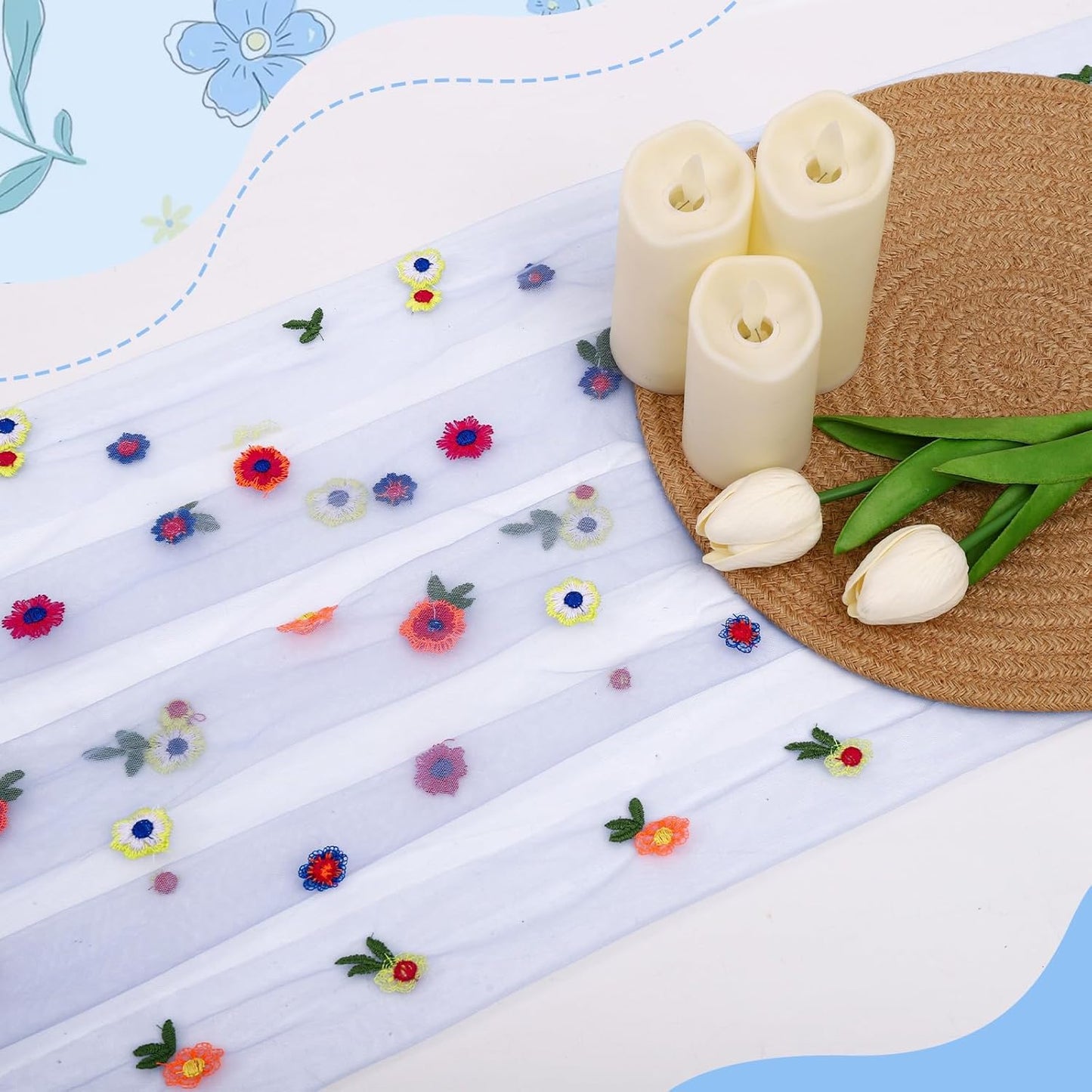 Blue Floral Table Runner 10 FT, Embroidery Daisy Table Runners Seasonal Sheer Tulle Table Runner for Thanksgiving Wedding Birthday Baby Shower Party ﻿