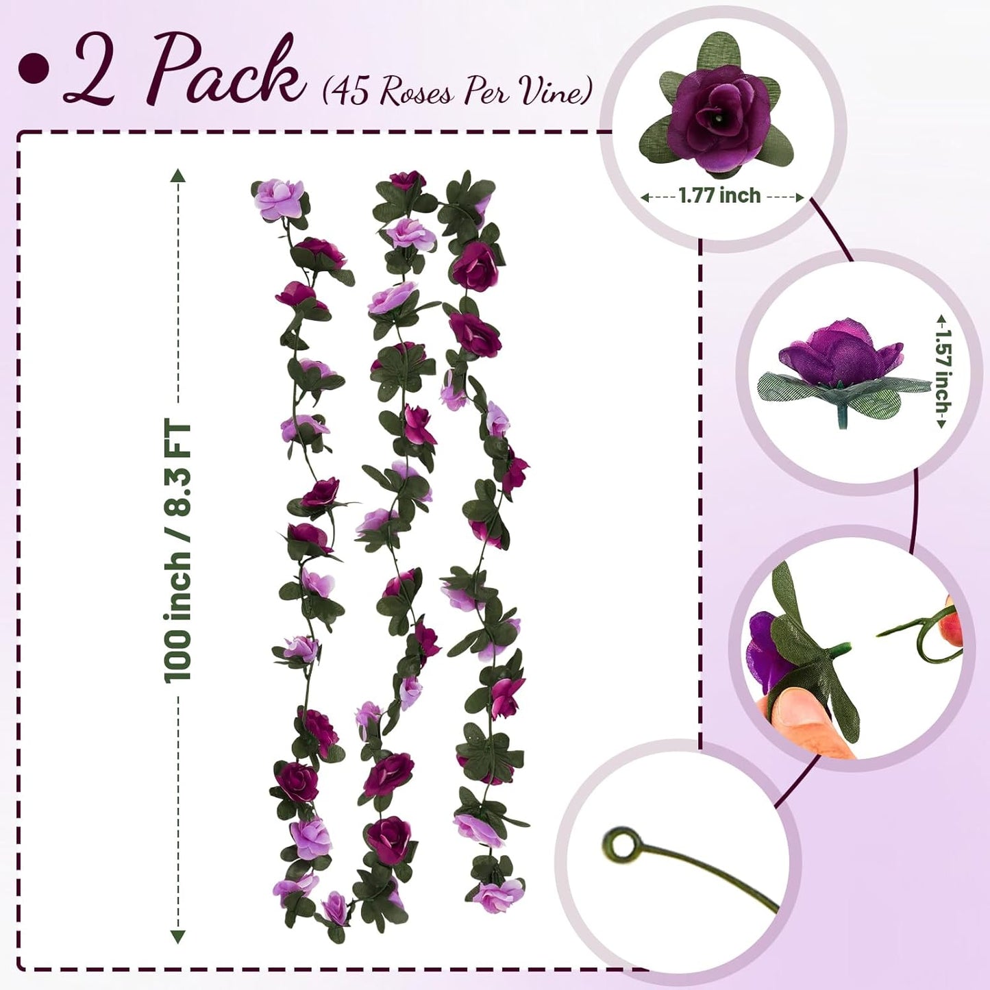 2 Pcs 16.5 Ft Flower Garland Rose Vines, Rose Garland for Decoration, Flower Vine for Bed Room Table Birthday Wedding Party Garden Wall Decor