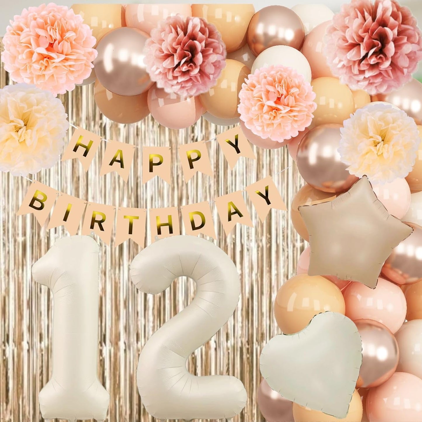 Beige 12th Birthday Decorations Girls Boys Cream Number 12 Balloon Nude Gold Happy Birthday Banner Fringe Curtain Paper Pom Poms Blush White Sand Champagne Star Foil Balloons Neutral Boho Party Decor