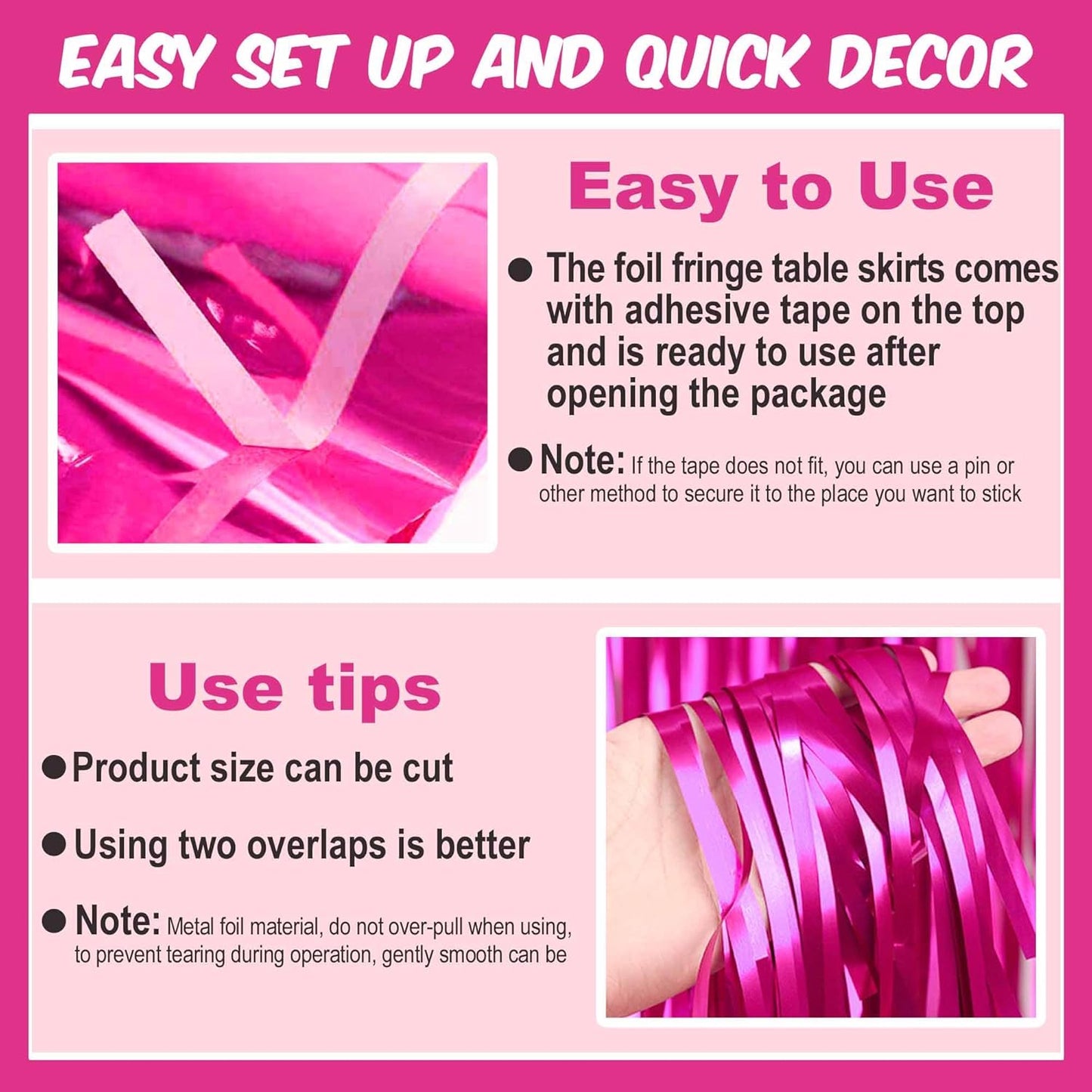 3 Pack 29 x108 Inch Fuchsia Foil Fringe Table Skirts Metallic Banner for Tinsel Streamer Garland Backdrop for Parade Floats Mother's Day, Graduate, Birthday, Wedding Party Decoration