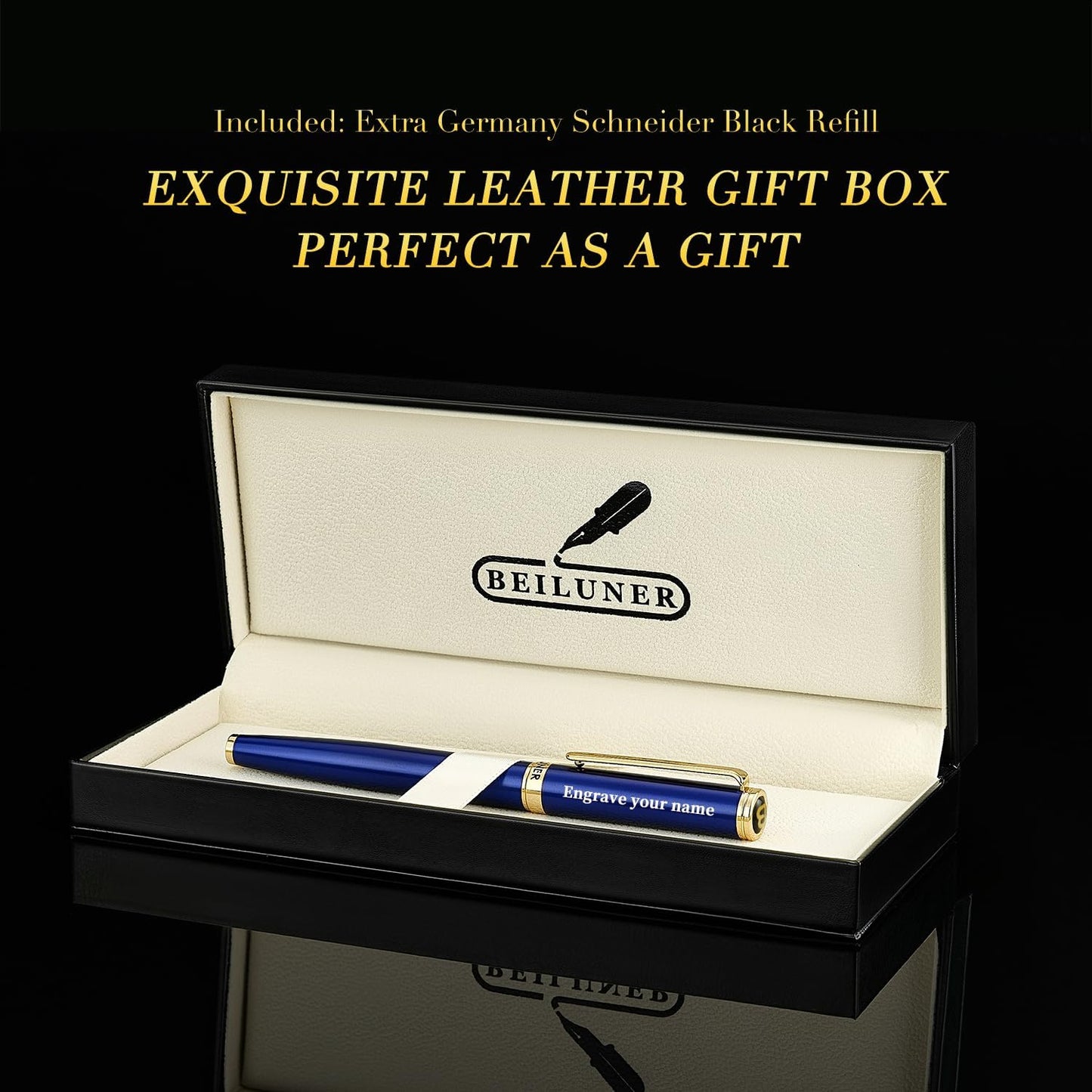 BEILUNER Blue Personalized Fountain Pen,Stunning Luxury Lacquer,24K Gilded Nib(Fine),Gorgeous 24K Gold Finish, Ink Converter,Fancy Gift for Men&Women-Elegant, Graduation,Nice Pens for Writing