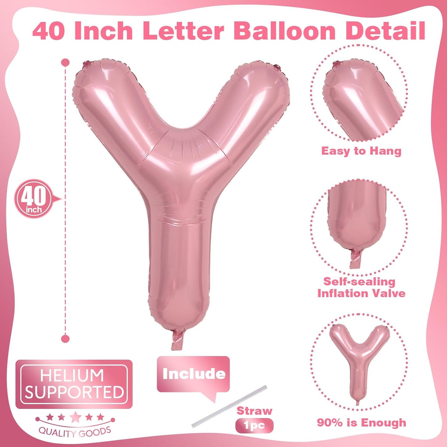 Giant Letter Y Foil Balloon Baby Pink, Pastel Pink Inflatable Word Balloon Y Alphabet Birthday Decor, 40 Inch Pearl Pink A-Z Custom Alphabet Balloons for Girls Baby Shower Party Decoration Supplies