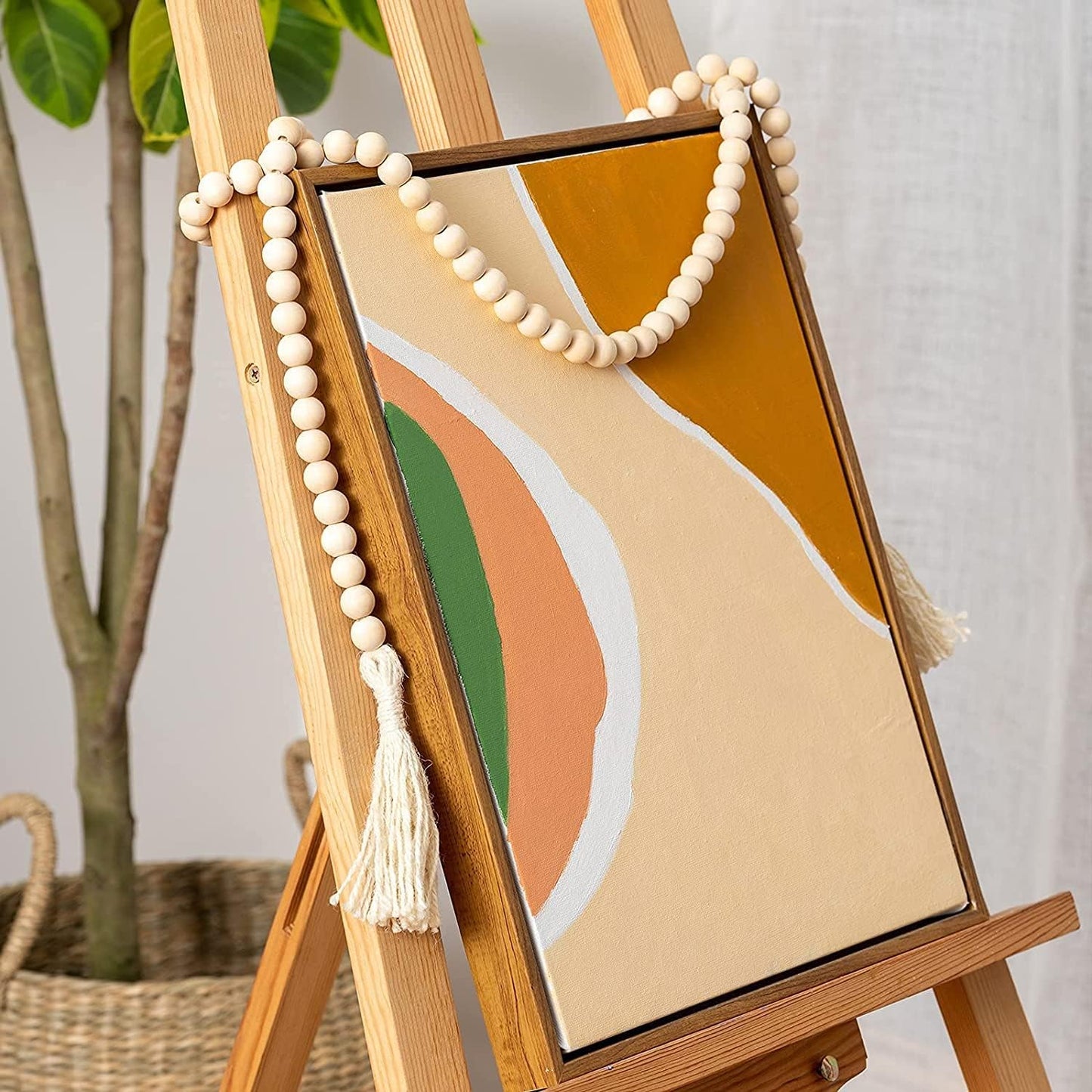 DECORKEY Wooden Beads, 58 Inch Farmhouse Wood Beads Garland for Boho Decor with Tassels, Rustic Country Decor for Coffee Table, Home, Living Room, Bedroom