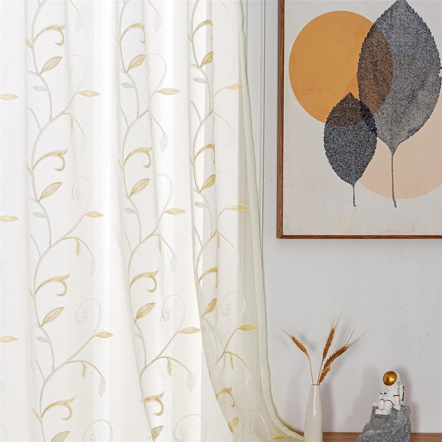 VISIONTEX White Sheer Voile Curtains, Decorative Beige Leaves Embroidery Faux Linen Rod Pocket Window Drapes for Home Kitchen, Living Room and Bedroom 54 x 84 Inch, Set of 2 Curtain Panels