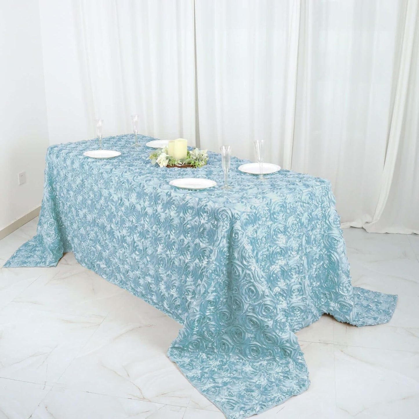 Efavormart 90"x132" Wholesale Rectangle Table Cover Light Blue Grandiose Rosette 3D Satin Tablecloth for Wedding Party Event