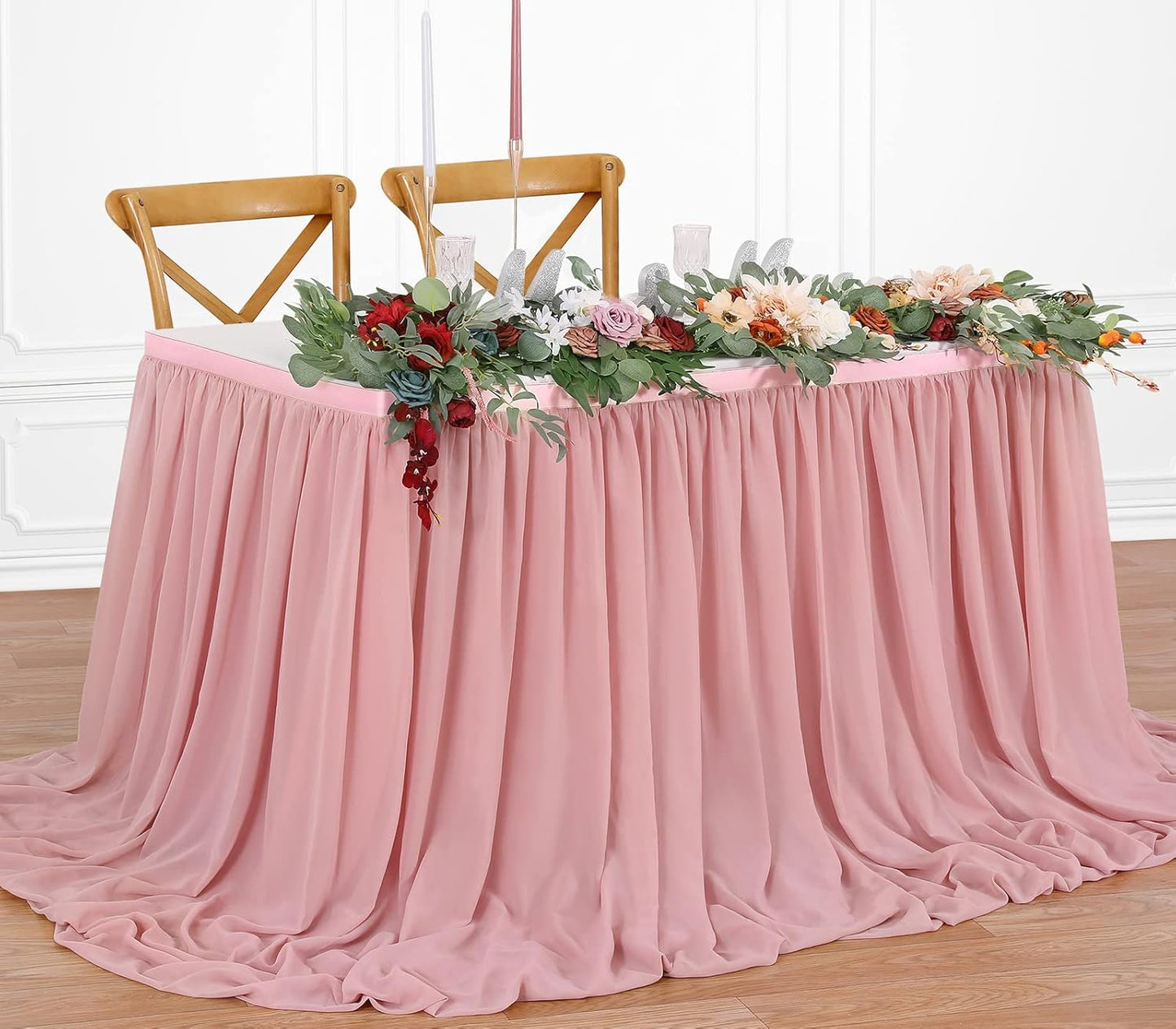 Dusty Rose 6ft Table Skirt for Rectangle Tables or Round Tables Sheer Tablecloth for Baby Girl Birthday Princess Party Wedding Table Decor