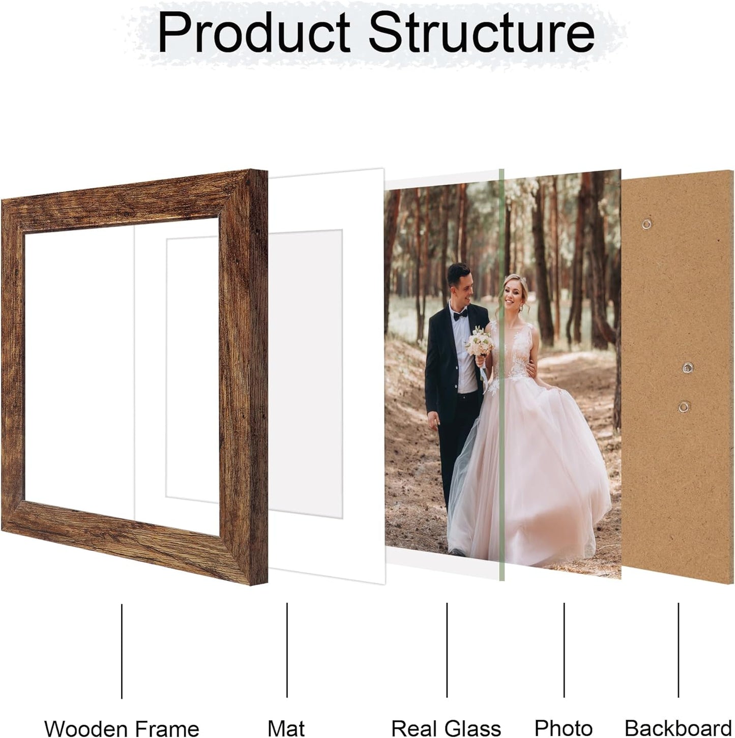 8x8 Picture Frame Set of 4 with HD Glass, Display 6x6 Pictures with Mat or 8 x 8 Without Mat, Rustic Wood Photo Frame for Wall Mount and Tabletop Display