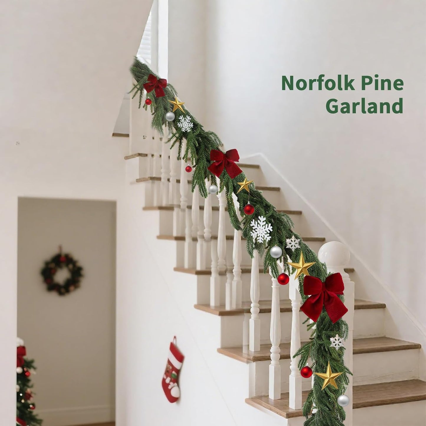 9FT Artificial Norfolk Pine Garlands for Christmas Decorations,Real Touch Winter Faux Greenery Garlands for Mantel Table Stair Fireplace Wall Holiday Indoor Outdoor Decor(1 Pack)