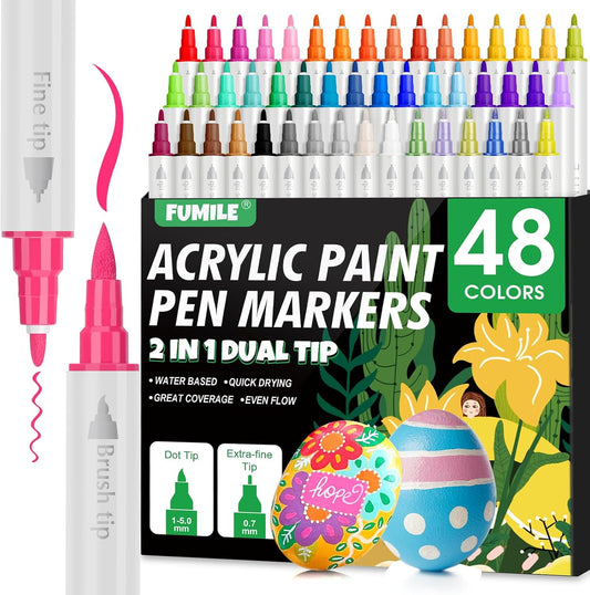 FUMILE 48 Colors Dual Tip Acrylic Paint Pens,Paint Markers With Extra Fine Tip and Brush Tip for Wood, Rock, Glass, Ceramic, Canvas, Paper.Paint Markers for DIY Craft,Halloween and Christmas
